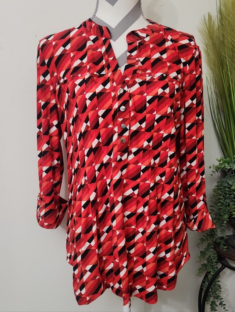 Cocomo Orange Geometric V-Neck Button Tunic